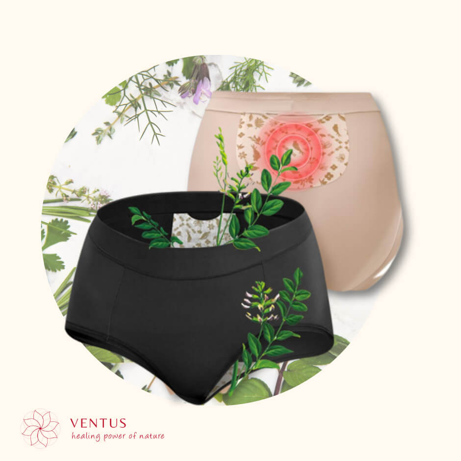 Black underwear with botanical design on a white background, featuring the brand 'ventus'.